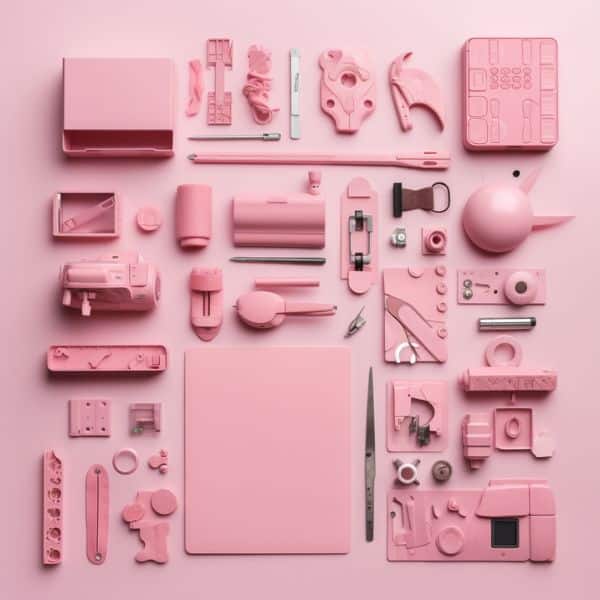 knolling view of a web designer's toolset pink