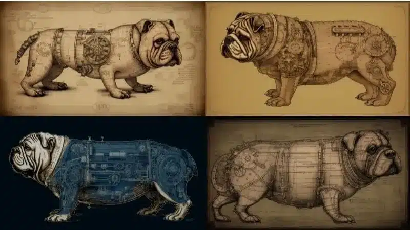 Da Vinci style blueprint Diagram of a steampunk mechanical english bulldog, realistic image ar 169 v 5