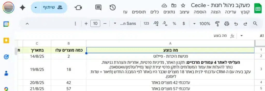 דוגמה לעבודה שוטפת איתי איך זה נראה תמיד שקיפות בטבלת גוגל שיטס עם הלקוח במקביל לקבוצת וואטסאפ משותפת