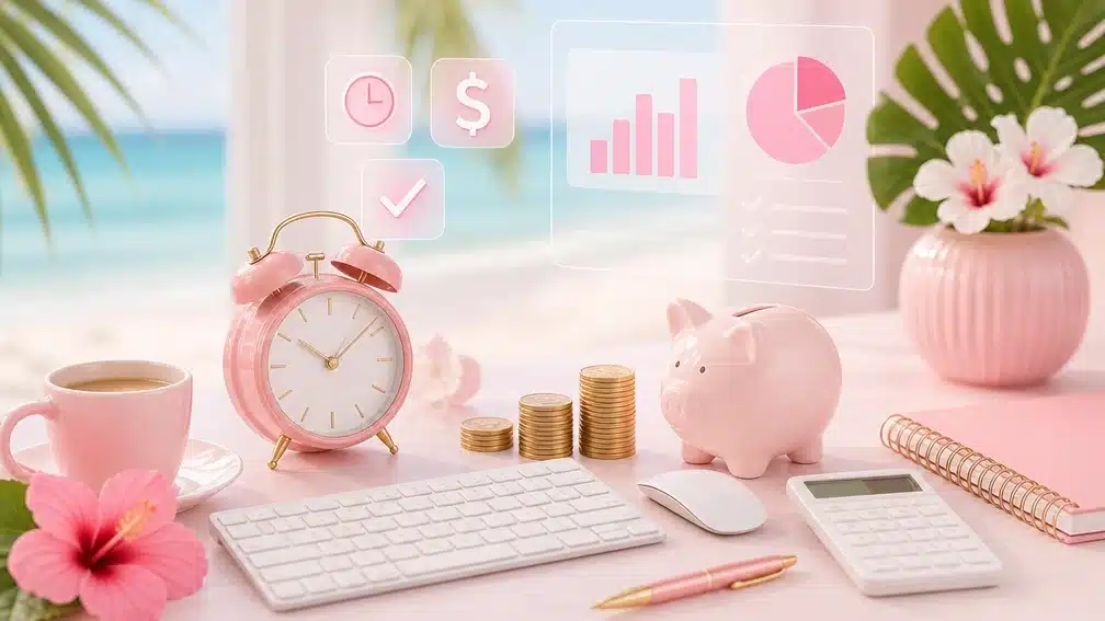 בעלת עסק קטן מנהלת את העסק שלה מהמחשב הנייד ומדגימה חיסכון בזמן וכסף בניהול עסק קטן